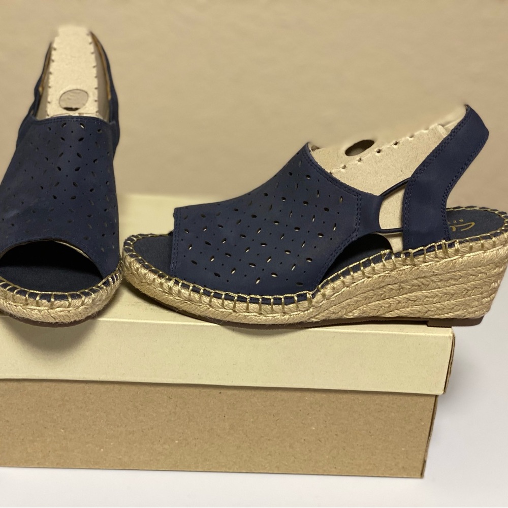 Clarks Blue and Cream Wedge Sandals